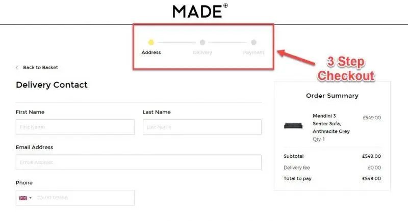 Screenshot of a checkout page with checkout process visualization on the top.