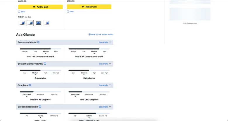 BestBuy.com Product Comparison. At a Glance: Processor Model, System Memory (R A M), Graphics, Screen Resolution.