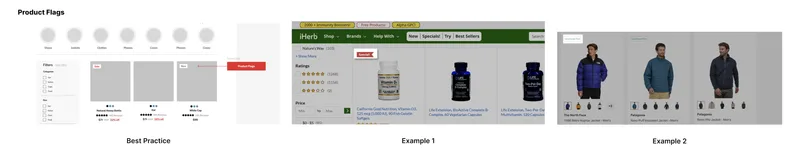 Feature: Product Flags. Best practice: Use concise, high-contrast flags for 'New' and 'Sale' items. Examples show various flag designs and placement options.