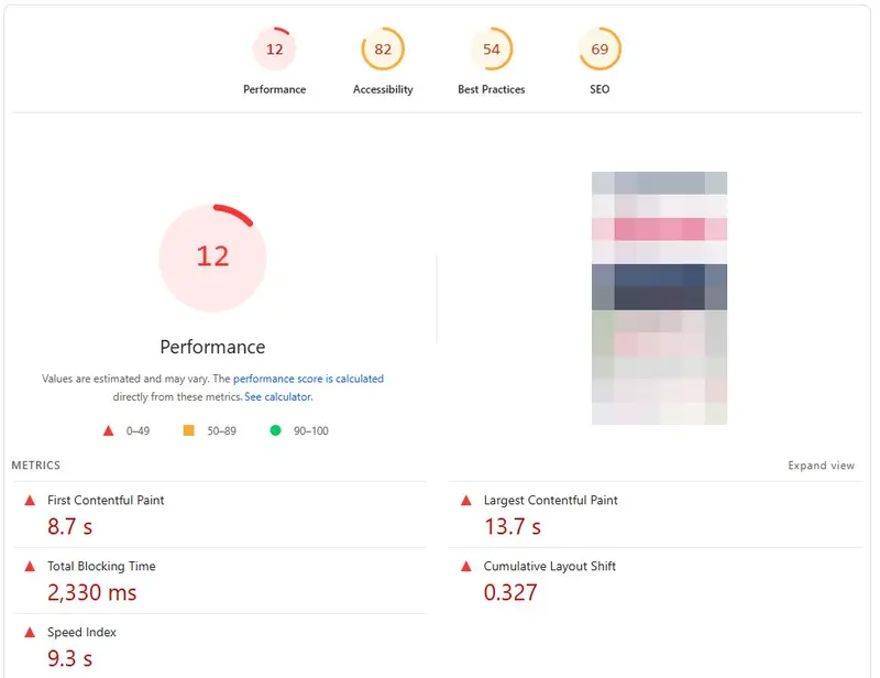 PageSpeed Insights mobile report from one of our audit slides: a performance score under 50, with every metric in red