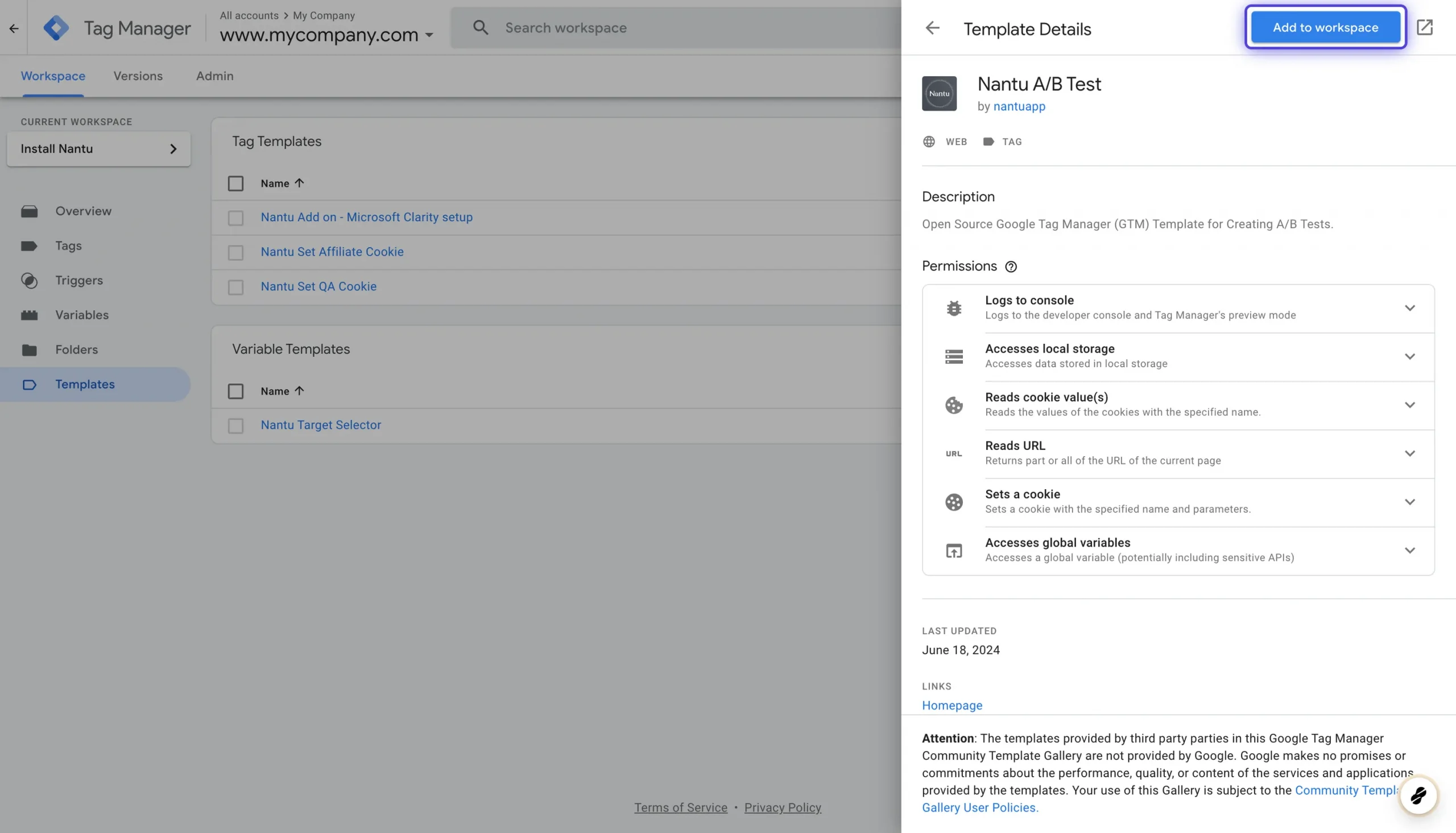 Installing the Nantu A/B testing tool template in Google Tag Manager